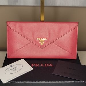 Prada Saffiano Pink Metal Envelope Wallet Clutch Gold Accent & Authenticity Card